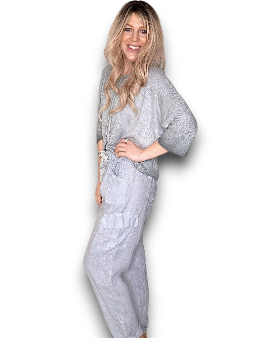 Light Grey Plain Pocket Linen Pants
