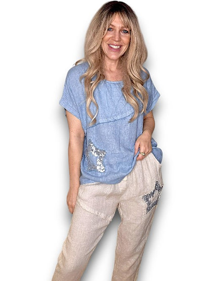 Petrol Linen Star Top