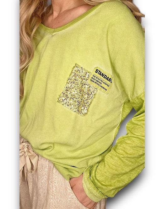 Lime Long Sleeve Sequin Patch Tee