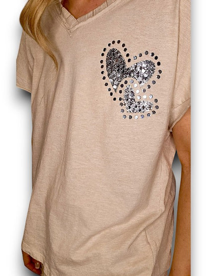 Beige Diamante Heart Tee