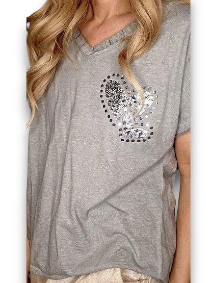 Olive Grey Diamante Heart Tee