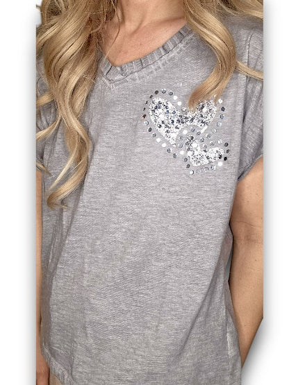 Grey Diamante Heart Tee