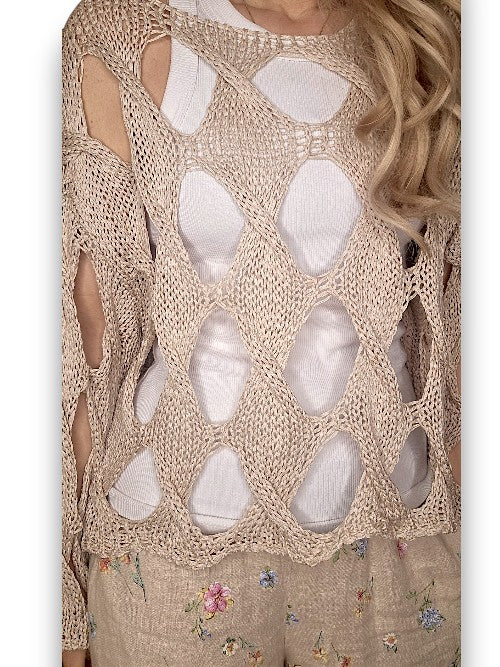 Beige Diamond Hollow Lng Sl Knit