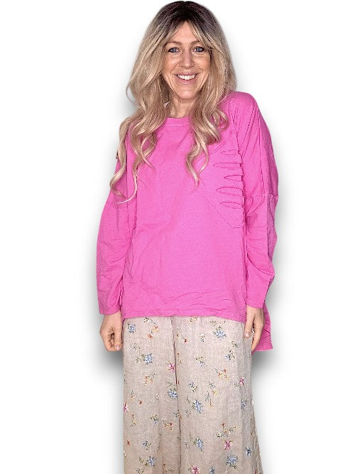 Hot Pink Plain Ripped Cotton Sweater
