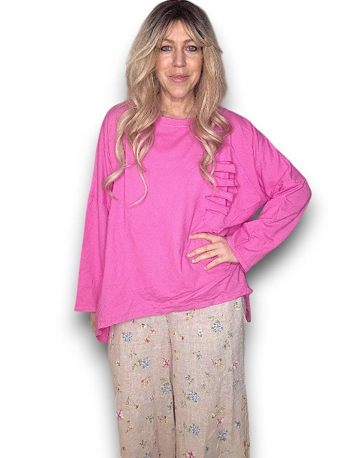 Hot Pink Plain Ripped Cotton Sweater