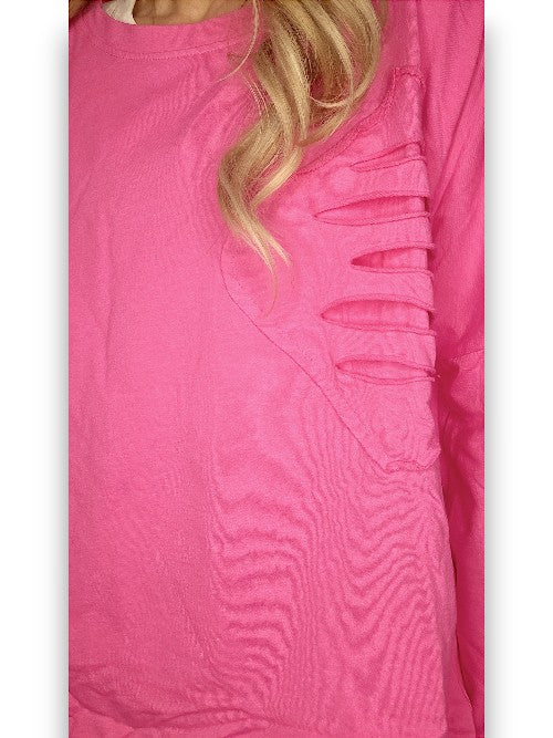 Hot Pink Plain Ripped Cotton Sweater