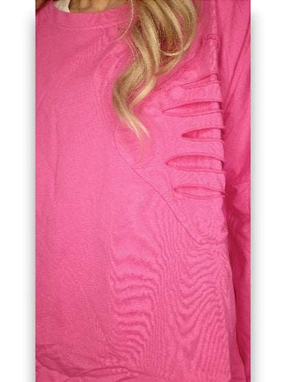 Hot Pink Plain Ripped Cotton Sweater