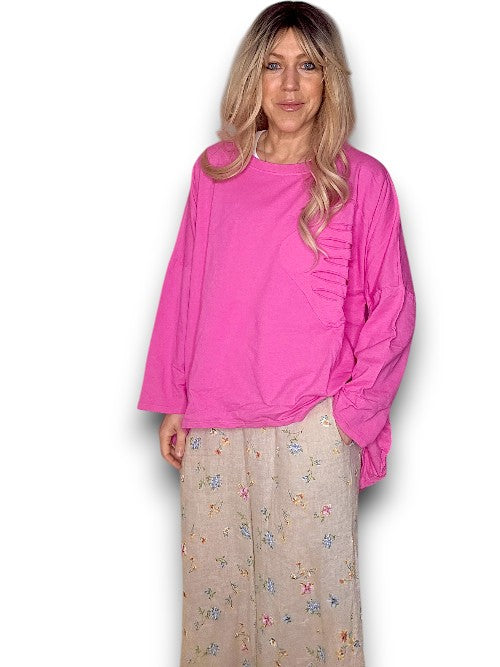 Hot Pink Plain Ripped Cotton Sweater