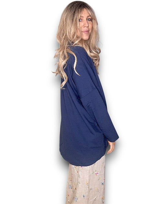 Navy Plain Ripped Cotton Sweater