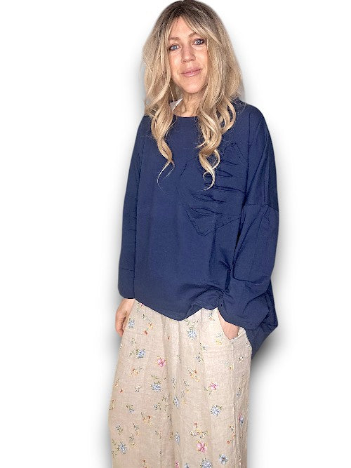 Navy Plain Ripped Cotton Sweater