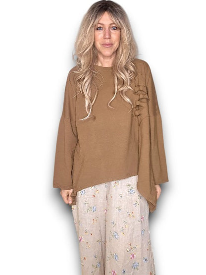 Coffee Plain Ripped Cotton Sweater