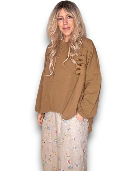 Coffee Plain Ripped Cotton Sweater