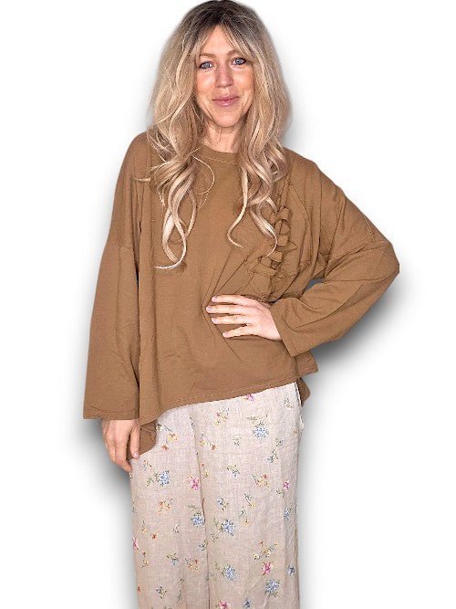 Coffee Plain Ripped Cotton Sweater