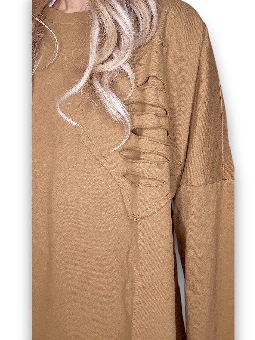 Coffee Plain Ripped Cotton Sweater