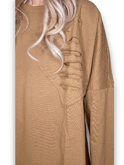 Coffee Plain Ripped Cotton Sweater