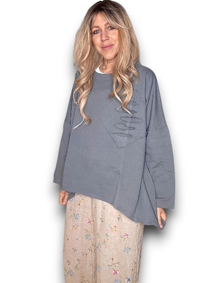 Grey Plain Ripped Cotton Sweater