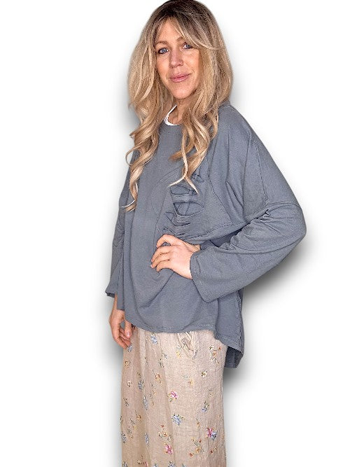 Grey Plain Ripped Cotton Sweater