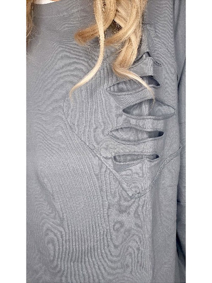 Grey Plain Ripped Cotton Sweater