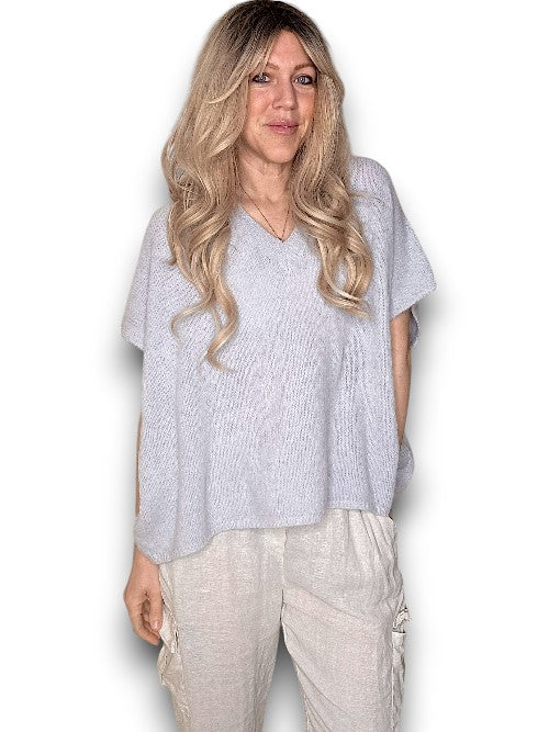 Pale Grey Baby Alpaca/Blend V-Neck Knit Vest
