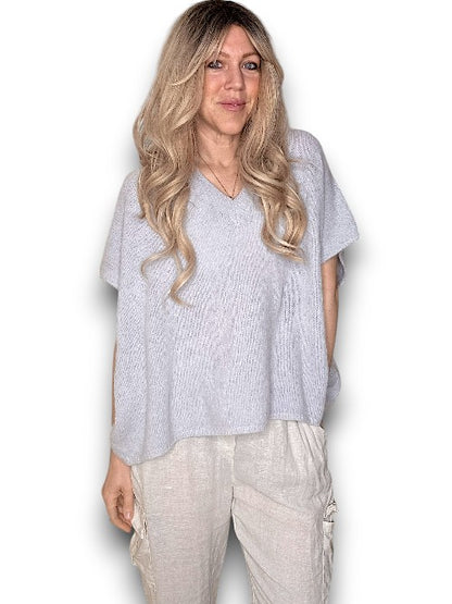Pale Grey Baby Alpaca/Blend V-Neck Knit Vest