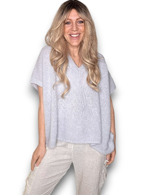 Pale Grey Baby Alpaca/Blend V-Neck Knit Vest