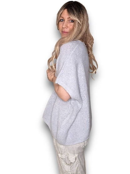 Pale Grey Baby Alpaca/Blend V-Neck Knit Vest