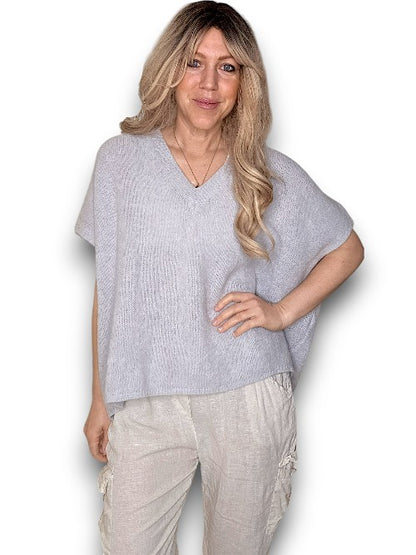 Pale Grey Baby Alpaca/Blend V-Neck Knit Vest