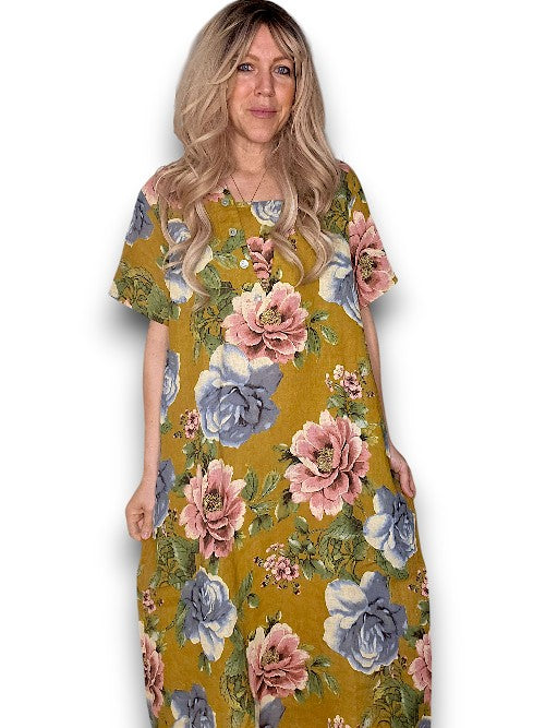Mustard Bright Bloom V-Neck Maxi Dress with Buttons