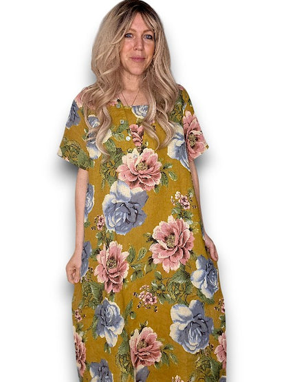 Mustard Bright Bloom V-Neck Maxi Dress with Buttons