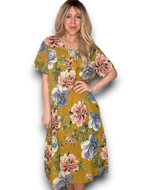 Mustard Bright Bloom V-Neck Maxi Dress with Buttons