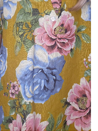 Mustard Bright Bloom V-Neck Maxi Dress with Buttons