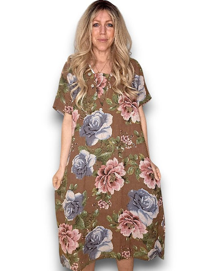 Dark Coffee Bright Bloom V-Neck Maxi Dress with Buttons