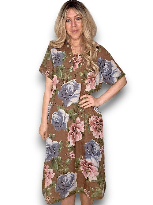 Dark Coffee Bright Bloom V-Neck Maxi Dress with Buttons