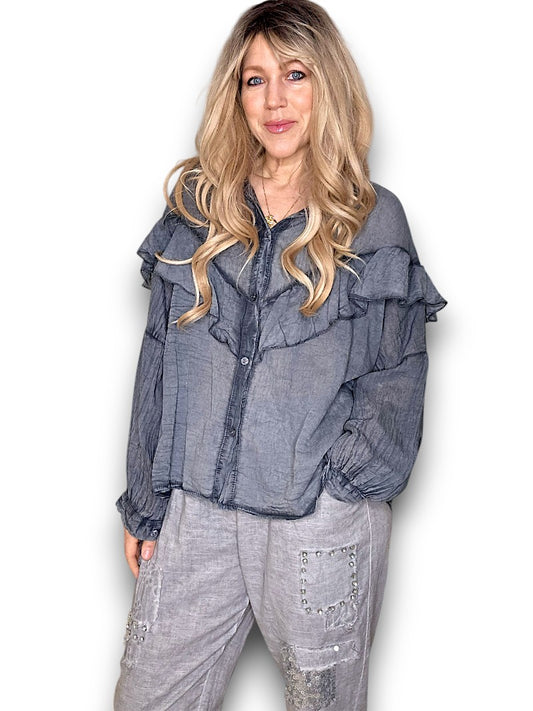 Charcoal Frill Long Sl Tunic