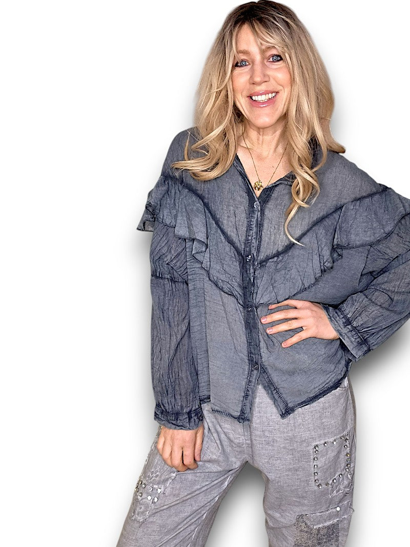 Charcoal Frill Long Sl Tunic
