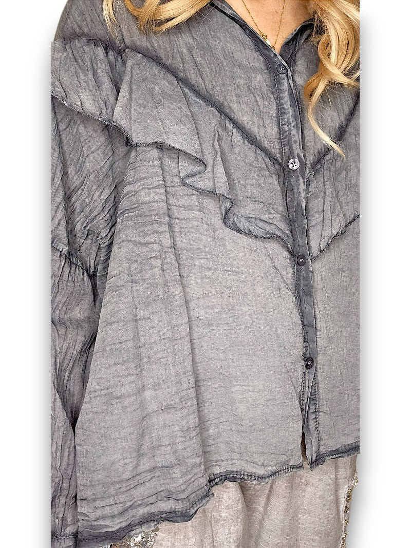 Charcoal Frill Long Sl Tunic