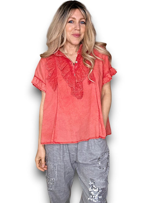 Coral Eyelet Top