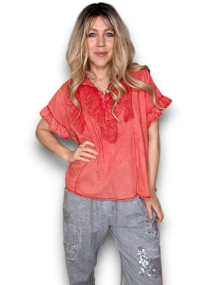 Coral Eyelet Top
