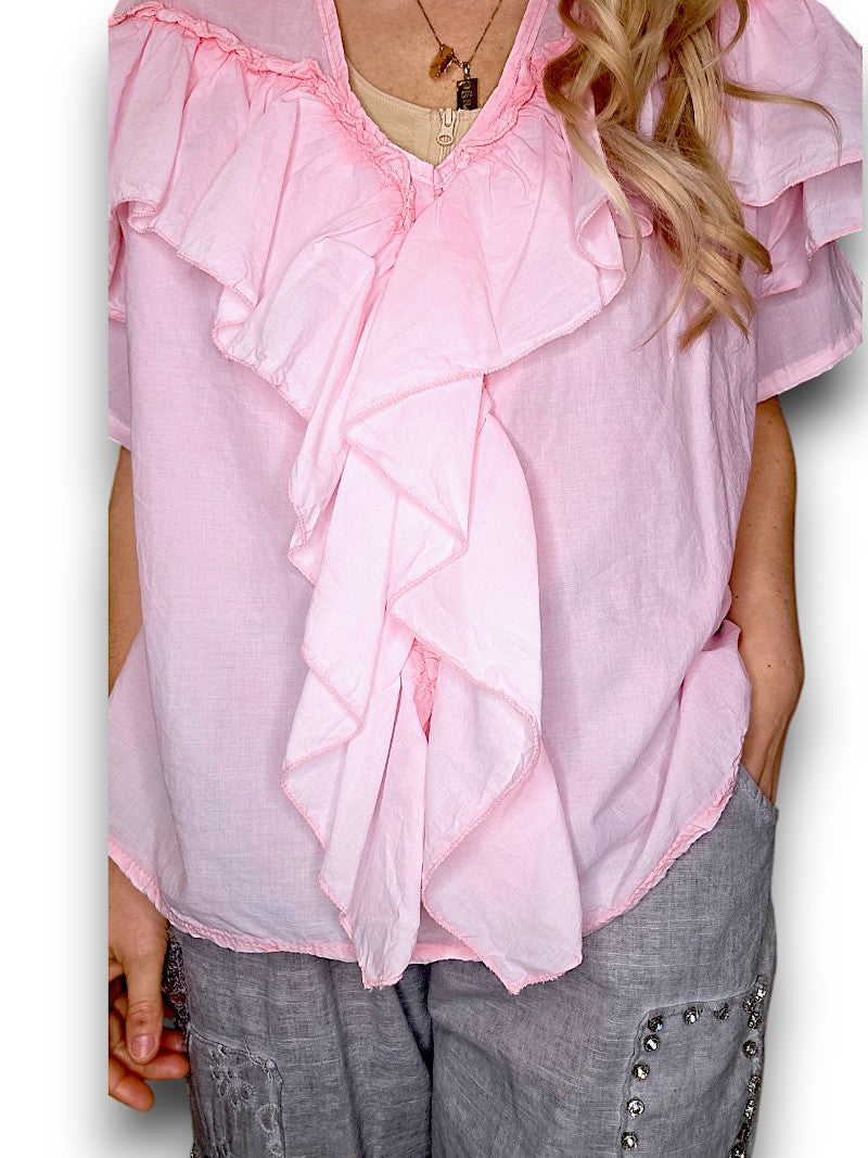 Bubbelgum Pink Frill Short Sl Top
