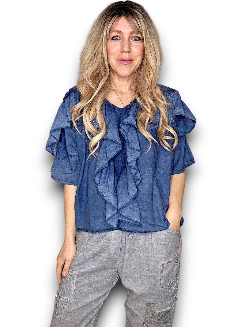 Faded Navy Frill Short Sl Top