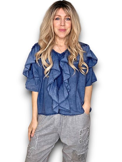 Faded Navy Frill Short Sl Top