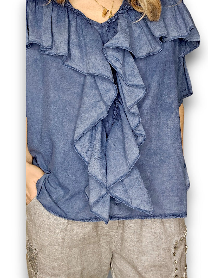 Faded Navy Frill Short Sl Top