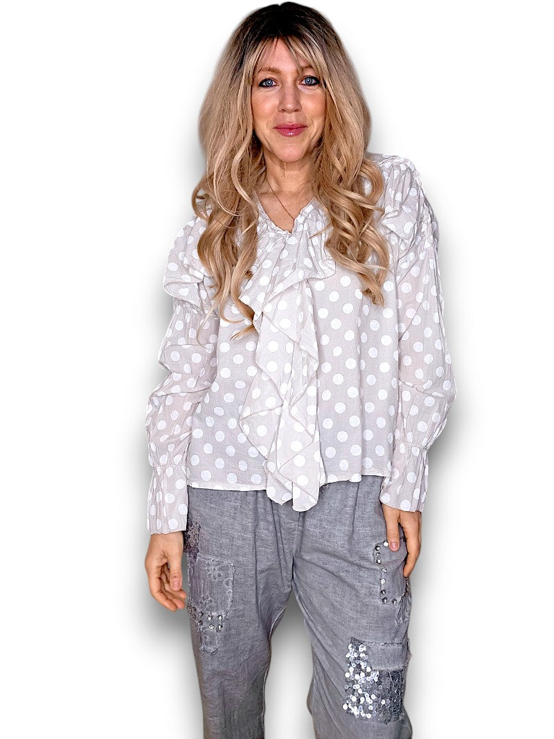 Pale Beige Frill Long Sl Polka Dot Tunic