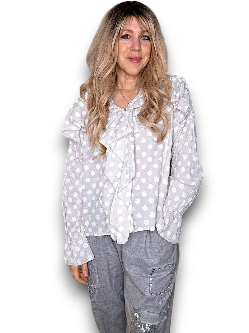 Pale Beige Frill Long Sl Polka Dot Tunic