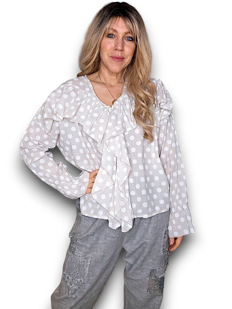 Pale Beige Frill Long Sl Polka Dot Tunic