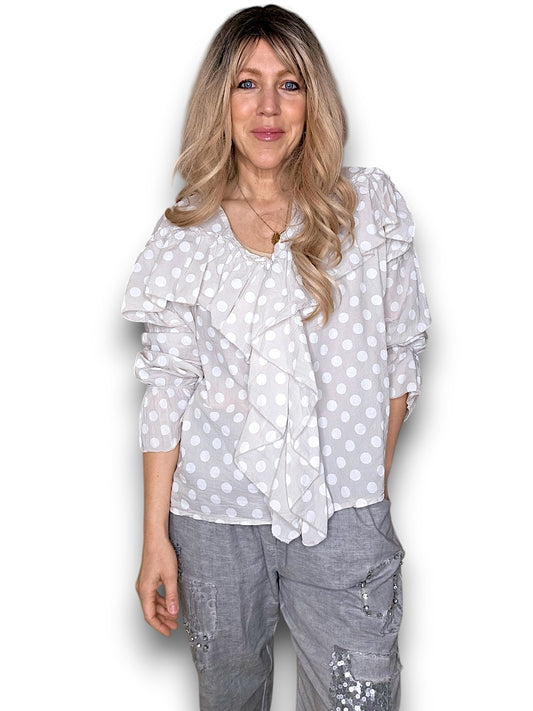 Pale Beige Frill Long Sl Polka Dot Tunic
