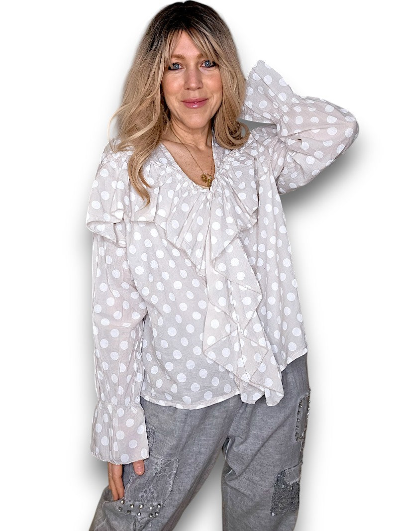 Pale Beige Frill Long Sl Polka Dot Tunic