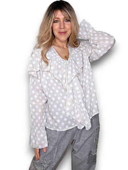 Pale Beige Frill Long Sl Polka Dot Tunic