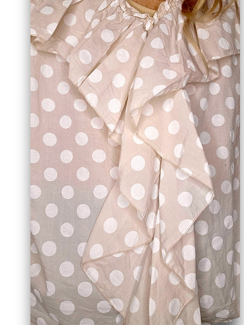 Pale Beige Frill Long Sl Polka Dot Tunic