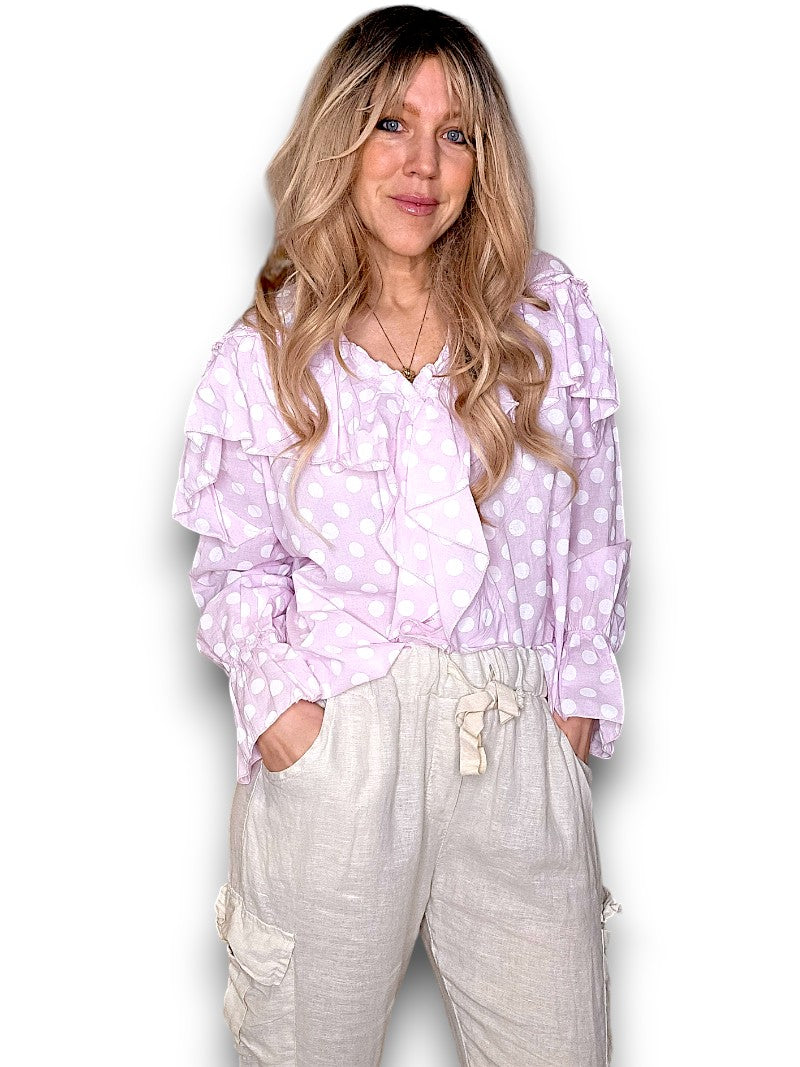 Baby Pink Frill Long Sl Polka Dot Tunic